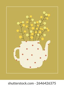 Summer illustration with  yellow berries  in cute white kettle with red dots, hand drawn illustration with plants.	
