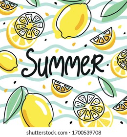 Summer illustration with yellow lemons on the white background with the light blue waves. Water imitation. Design for posters, cards, textile, brochures, flyers. Vector.