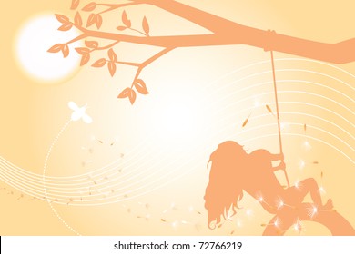Summer Illustration of a young girl on a tire swing. No flattened transparencies. Simple Gradients.