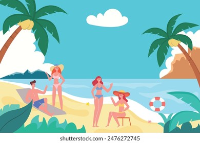 summer illustration of young people partying on the beach, with the concept of a summer festival. suitable banner, flyer, poster, background