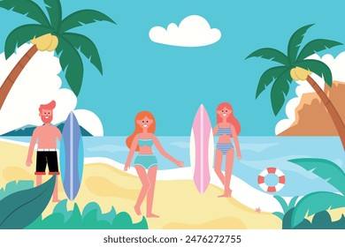 summer illustration of young people partying on the beach, with the concept of a summer festival. suitable banner, flyer, poster, background