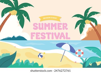 summer illustration of young people partying on the beach, with the concept of a summer festival. suitable banner, flyer, poster, background