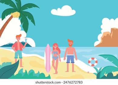 summer illustration of young people partying on the beach, with the concept of a summer festival. suitable banner, flyer, poster, background