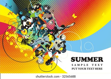 summer illustration,man jumping in the water,colorful graphic ornaments and place for text