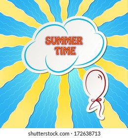 Summer illustrations. Cloud and balloon against the blue sky with sunshine.