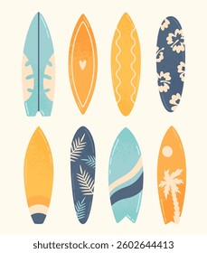 Summer illustrations of different surf boards. Vector design elements
