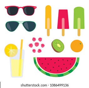 Summer illustrations featuring sun glasses, lemonade, popcicles, rasperries, a kiwi, orange and watermalon.