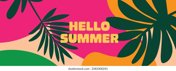 Summer illustrations featuring tropical leaves and elements. Perfect for seasonal designs, posters, invitations, and social media graphics. Vector illustration.