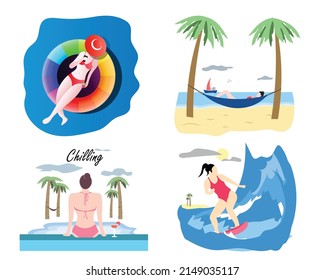 Summer illustrations pack - beach, pool, surfing.