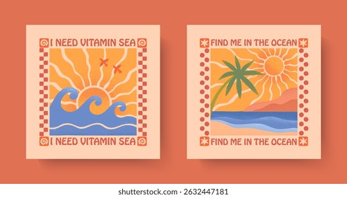 Summer illustrations with sea ocean waves,beach,palm and sun.Groovy beach,surf club retro aesthetic.Summer vacation backgrounds in simple funny style.Boho prints for t shirts,banners,covers,branding