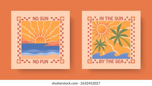 Summer illustrations with sea ocean waves,beach,palms and sun.Groovy beach,surf club retro aesthetic.Summer vacation backgrounds in simple funny style.Boho prints for t shirts,banners,covers,branding