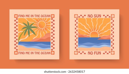 Summer illustrations with sea ocean waves,beach,palms and sun.Groovy beach,surf club retro aesthetic.Summer vacation backgrounds in simple funny style.Boho prints for t shirts,banners,covers,branding