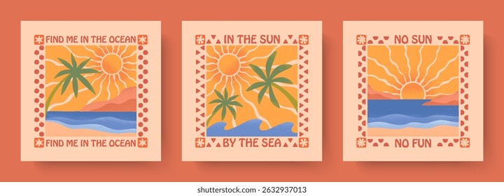 Summer illustrations with sea ocean waves,beach,palms and sun.Groovy beach,surf club retro aesthetic.Summer vacation backgrounds in simple funny style.Boho prints for t shirts,banners,covers,branding