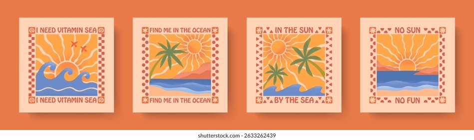 Summer illustrations with sea ocean waves,beach,palms and sun.Groovy beach,surf club retro aesthetic.Landscape scenery backgrounds in simple funny style.Boho prints for shirts,banners,covers,branding