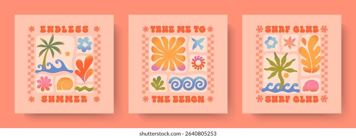 Summer illustrations with sea ocean waves,coral,palm,seashell.Groovy boho beach,surf club retro aesthetic.Summer vacation backgrounds in simple funny style.Graphic prints for banners,covers,branding