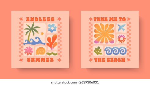 Summer illustrations with sea ocean waves,coral,palm,sun.Groovy boho beach,surf club retro aesthetic.Summer vacation backgrounds in simple funny style.Graphic prints for shirts,banners,covers,branding
