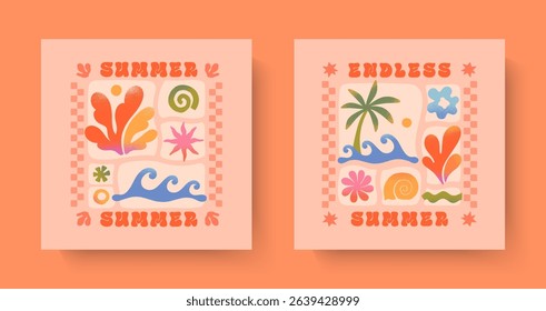 Summer illustrations with sea ocean waves,coral,palm,sun.Groovy boho beach,surf club retro aesthetic