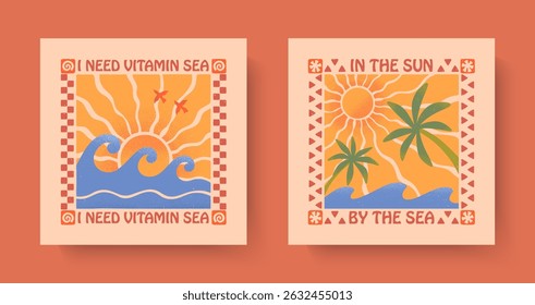 Summer illustrations with sea ocean waves,palms and sun.Groovy boho beach,surf club retro aesthetic.Summer vacation backgrounds in simple funny style.Graphic prints for shirts,banners,covers,branding