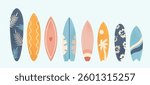 Summer illustrations of surf boards. Different size and colours boards for surfing. Vector design elements