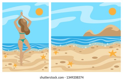 Summer illustrations vector. Beach and sea. Girl doing yoga on the beach. Set of banners