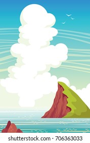 Summer illustration.Vector landscape - cliff with green grass, calm sea and blue sky with cumulus clouds. 