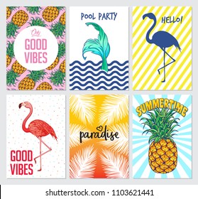 Summer illustrative card set. Vector collection colorful summer prints. Beautiful exotic posters with pineapple, pink flamingo, palm leaves, mermaid tail and hand written text. Journal cards.