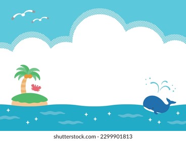 Summer image illustration, island floating in the sea and cute whale