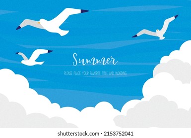 Summer image material that combines seagulls, cumulonimbus clouds, and the blue sky