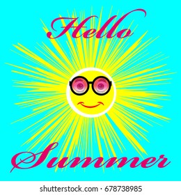 Summer image with sun isolated on color background. Vector illustration.