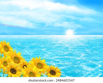 Summer image vector illustration of sunflowers blooming under a blue sky with clouds and shimmering waves of the sea in the sun.