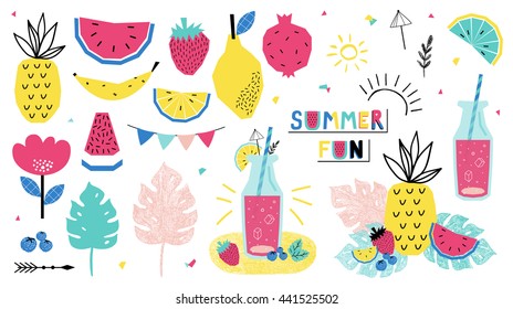 Summer individual elements. Watermelon, strawberry, lemonade and other fruits. Vector illustration.