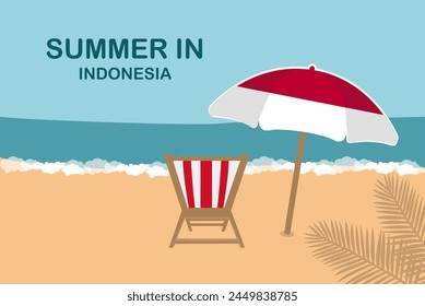 Summer in Indonesia, beach chair and umbrella, vacation or holiday in Indonesia, vacation concept vector design, summer holiday, sea sand sun, travel and tourism idea