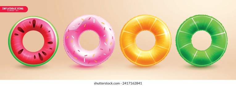 Summer inflatable fruits ring vector set. Summer floaters in fruits collection for tropical season beach swimming elements. Vector illustration summer inflatable ring collection.
