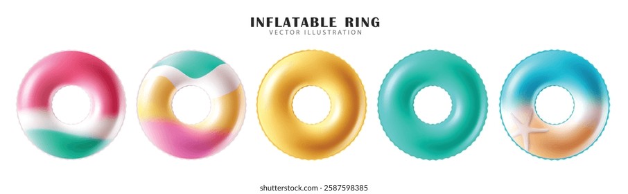 Summer inflatable ring clipart set. Multicolored floaters ring clip art collection for holidays beach and swimming pool lifebuoy rubber equipment in white background vector illustration.