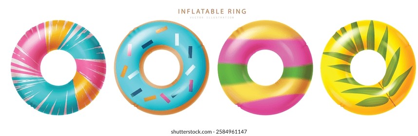 Summer inflatable ring vector element set. Summer inflatable rings, floaters objects collection for vacation swimming elements. Vector illustration summer floaters set.