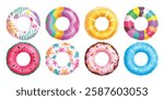 Summer inflatable swim ring clipart set. Colorful floaters elements clip art collection for beach, swimming pool lifebuoy and life saver equipment vector illustration.