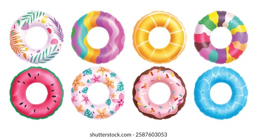 Summer inflatable swim ring clipart set. Colorful floaters elements clip art collection for beach, swimming pool lifebuoy and life saver equipment vector illustration.