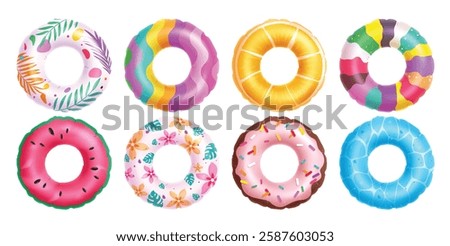 Summer inflatable swim ring clipart set. Colorful floaters elements clip art collection for beach, swimming pool lifebuoy and life saver equipment vector illustration.