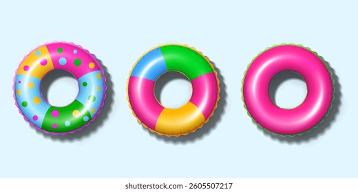 summer inflatable swim rings set isolated on the light blue background top view design. summer vacation floater swim rings vector illustration.