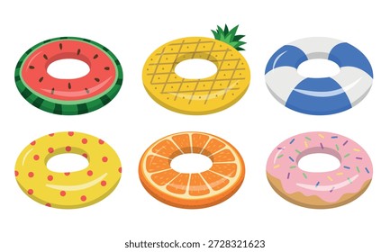 Conjunto de anillos de natación inflables de verano. Colorido flotadores Elementos Clipart conjunto para la playa y la piscina