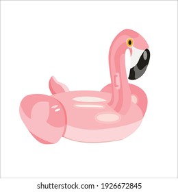 Anillo de natación inflable de verano Flamingo rosa aislado en fondo blanco. Hobby de verano y pasatiempo. Artículos de vacaciones y natación. Ilustración de dibujos animados 