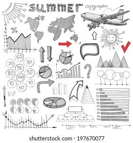 summer infographic, big set of sketch drawing info elements 