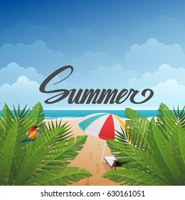 Summer inscription banner with palm leaves on the sea cost, umbrella on sand beach. Vector illustration. Calligraphic letters. Wallpaper, background, picture, art, image, travel, poster, event