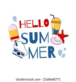 Summer inscription with beach elements. Typographic design.