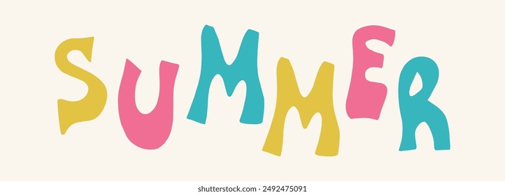Summer inscription. Colorful wavy font, card or poster with seasonal inscriptions in trendy retro, funky, hippie style. Vector illustration