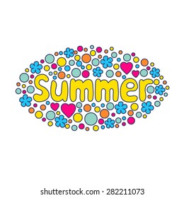 summer inscription with dots, hearts and flowers
