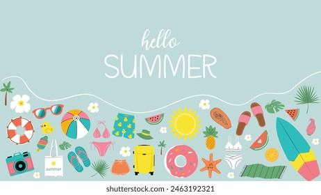 Summer inscription hello summer. Bright summer poster. Collection elements for summer holidays. Suitable for prints, posters, cards, invitations, templates