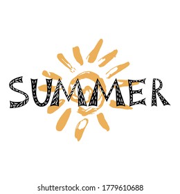 Summer inscription and sun. Vector calligraphy black text with ornament. Lettering for card, banner, poster, invitation, printing on t-shirt. Handwritten modern brush lettering on a white background.