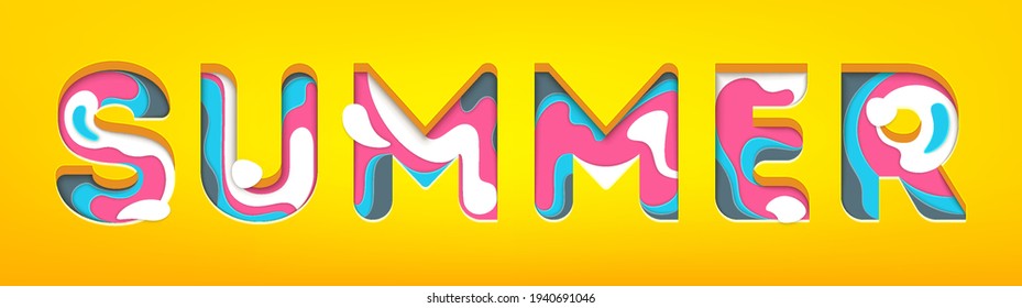 Summer - inscription in volumetric letters, 3D text effect on a yellow background. Ideal for t-shirt print. Vector illustration