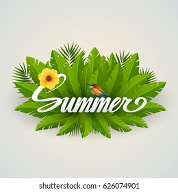 Summer inscriptions on palm leaves background with bird. Calligraphic phrase. Vector illustration
